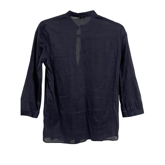 Theory Lexus Cinz Navy Blue Women's Semi Sheer Pintuck Keyhole Blouse Size S - Picture 5 of 7